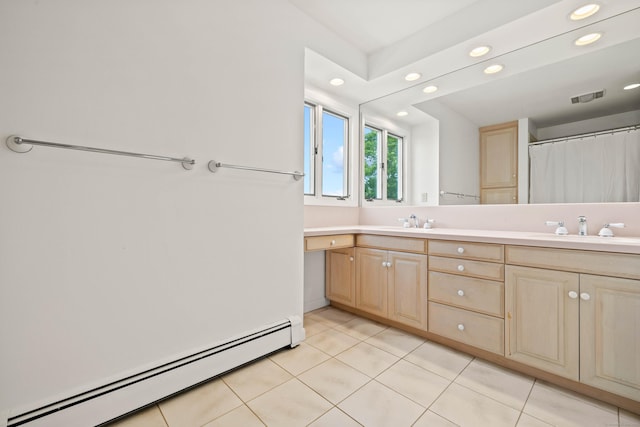 70 Prospect Hill Rd, Groton, CT 06340 - bathroom featuring a baseboard radiator, recessed lighting, double vanity, tile patterned floors, and a shower with shower curtain