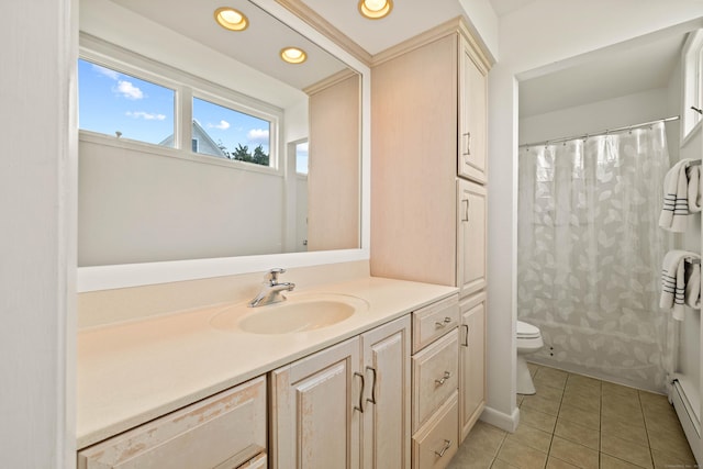 70 Prospect Hill Rd, Groton, CT 06340 - bathroom featuring toilet, vanity, tile patterned floors, a baseboard radiator, and recessed lighting