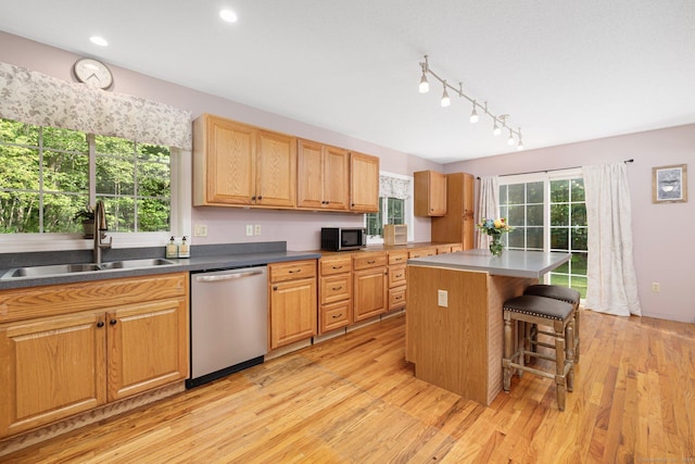 58 Snake Meadow Rd, Killingly, CT 06239 - kitchen with stainless steel dishwasher, a sink, light wood finished floors, a kitchen island, and a kitchen bar