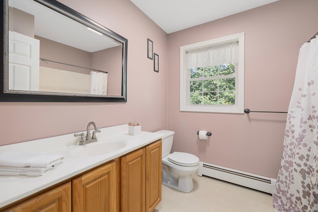 58 Snake Meadow Rd, Killingly, CT 06239 - bathroom featuring baseboard heating, vanity, toilet, and a shower with curtain