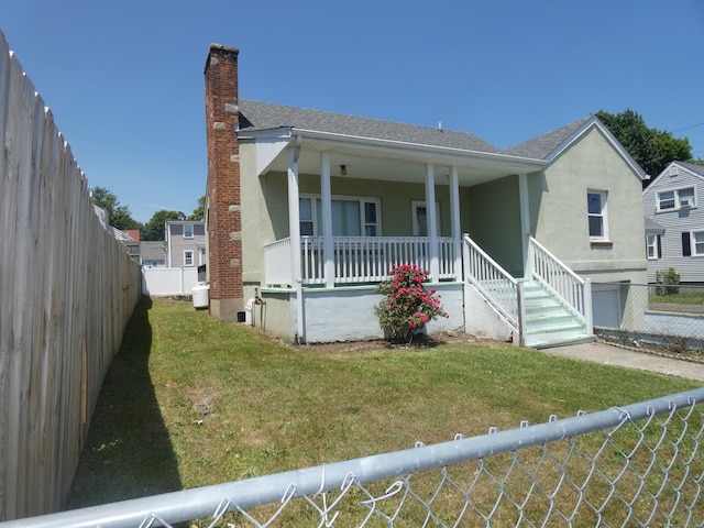 450 Thorme St, Bridgeport, CT 06606 - bungalow-style home with a chimney, covered porch, a shingled roof, and stucco siding