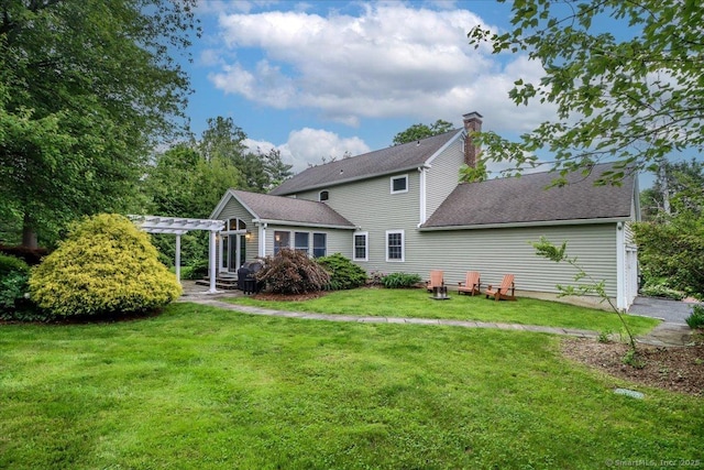 11 Wendover Rd, Newtown, CT 06470 - rear view of property featuring a pergola, a yard, and a chimney