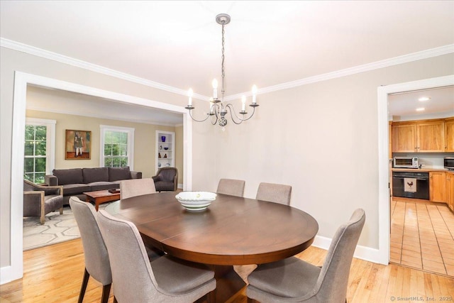 11 Wendover Rd, Newtown, CT 06470 - dining room with a chandelier, ornamental molding, light wood-style flooring, and baseboards