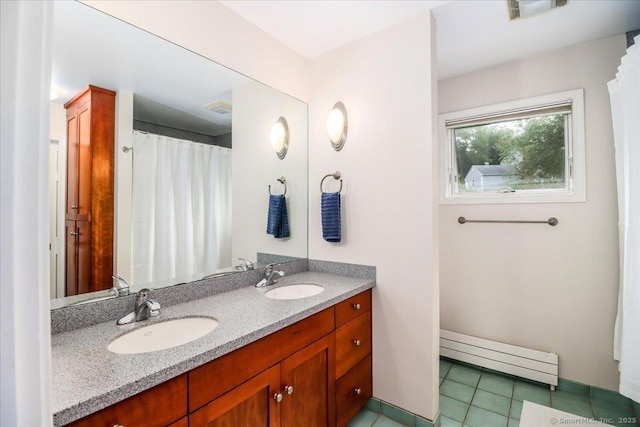 11 Wendover Rd, Newtown, CT 06470 - full bathroom featuring double vanity, baseboard heating, tile patterned flooring, and curtained shower