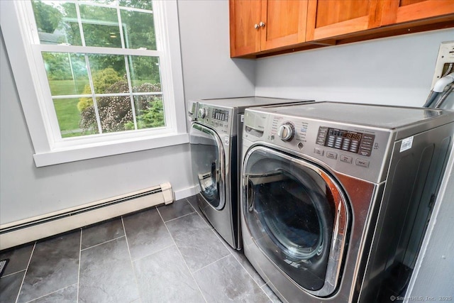 11 Wendover Rd, Newtown, CT 06470 - laundry room with cabinet space, a baseboard radiator, washer and dryer, and tile patterned flooring
