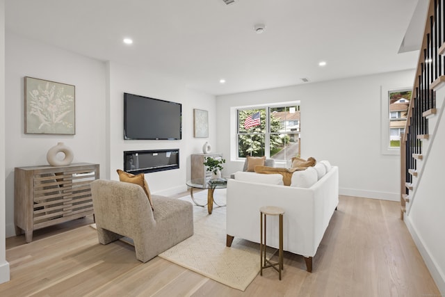 26 Homestead Ln Unit B, Greenwich, CT 06831 - living area with stairway, light wood-type flooring, baseboards, and recessed lighting