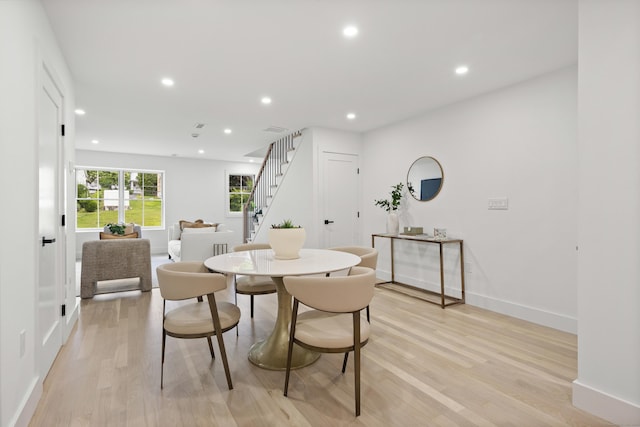 26 Homestead Ln Unit B, Greenwich, CT 06831 - dining area with stairs, light wood-type flooring, recessed lighting, and baseboards