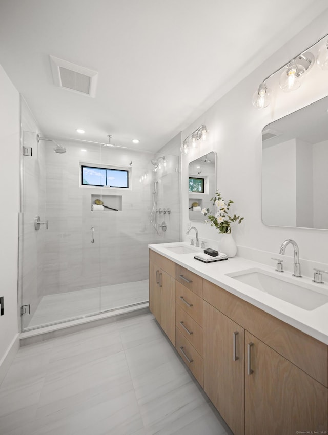 26 Homestead Ln Unit B, Greenwich, CT 06831 - full bathroom with double vanity and a shower stall