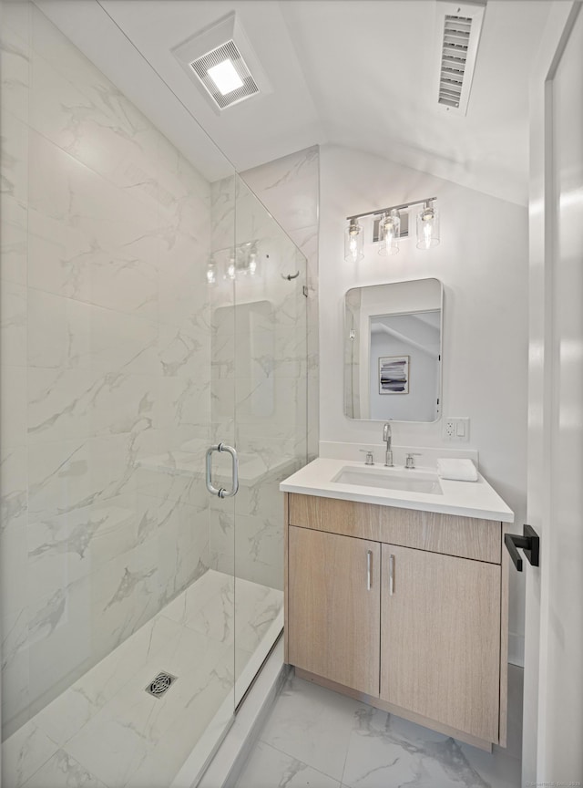 26 Homestead Ln Unit B, Greenwich, CT 06831 - full bathroom featuring marble look tiles, a marble finish shower, vanity, and lofted ceiling