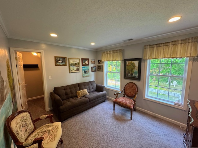29 Swift St, Branford, CT 06405 - living room featuring carpet flooring, crown molding, a textured ceiling, and recessed lighting