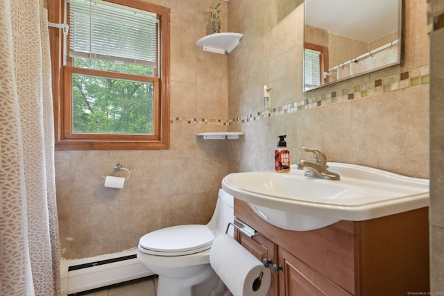 6 Royal Oaks Dr, Ledyard, CT 06339 - bathroom featuring a baseboard radiator, tile walls, vanity, a shower with curtain, and toilet