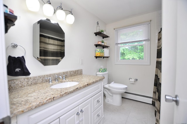 59 Settlers Knl, Newington, CT 06111 - bathroom featuring baseboard heating, vanity, toilet, tile patterned flooring, and a shower with curtain