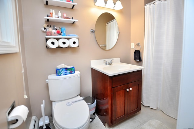 59 Settlers Knl, Newington, CT 06111 - bathroom featuring vanity, toilet, tile patterned flooring, a shower with curtain, and a baseboard radiator