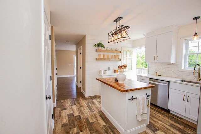 527 Highland Ave, Torrington, CT 06790 - kitchen with wooden counters, a sink, dishwasher, and dark wood-style flooring