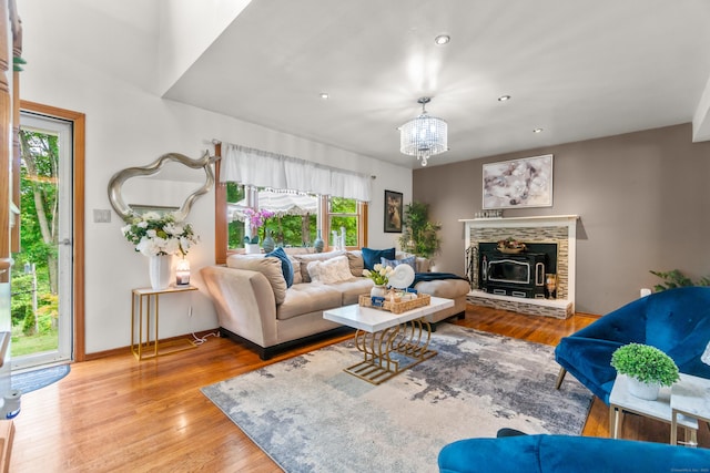 30 Hi Barlow Rd, Newtown, CT 06470 - living area featuring a chandelier, wood finished floors, a fireplace, and recessed lighting
