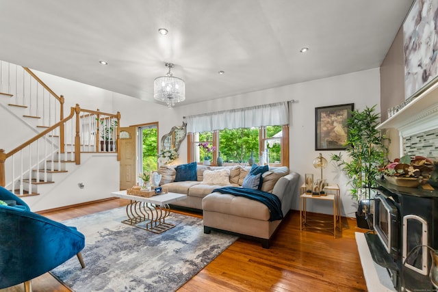 30 Hi Barlow Rd, Newtown, CT 06470 - living area with hardwood / wood-style floors, a chandelier, healthy amount of natural light, stairway, and recessed lighting