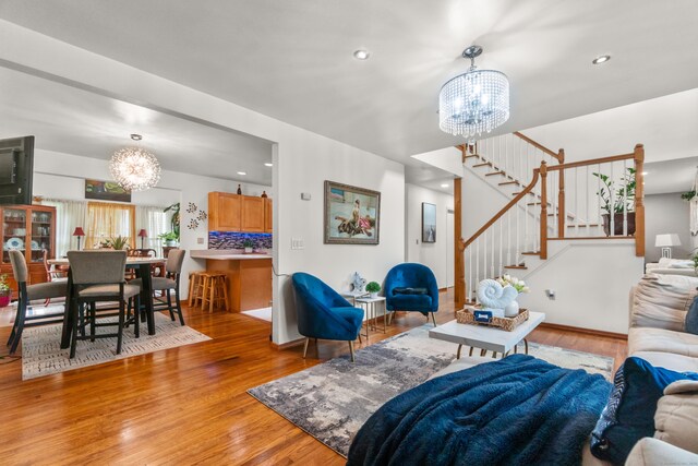 30 Hi Barlow Rd, Newtown, CT 06470 - living room featuring a chandelier, light wood-type flooring, stairway, and recessed lighting