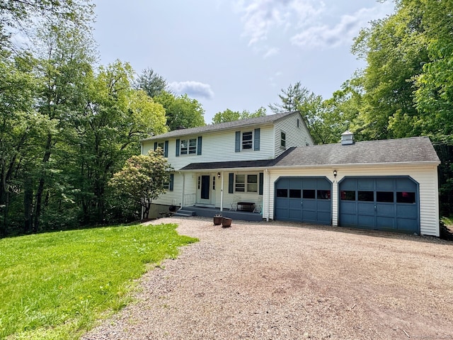 83 Shingle Mill Rd, Harwinton, CT 06791 - traditional-style house with a garage, dirt driveway, covered porch, a chimney, and a front lawn