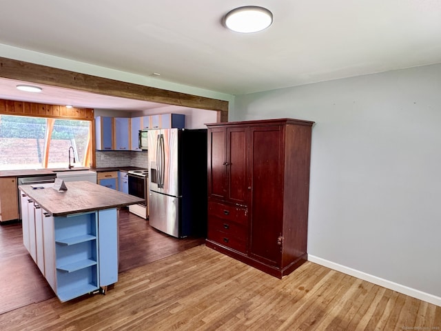 83 Shingle Mill Rd, Harwinton, CT 06791 - kitchen featuring stainless steel refrigerator with ice dispenser, white range with electric cooktop, open shelves, and wood finished floors