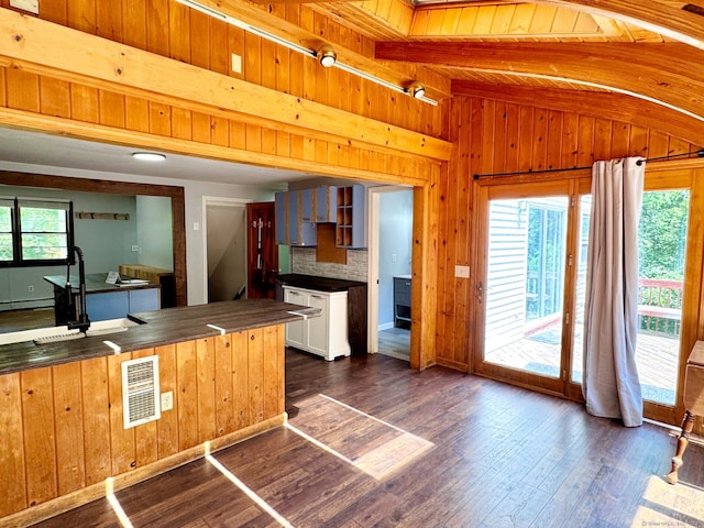 83 Shingle Mill Rd, Harwinton, CT 06791 - kitchen with dark wood-type flooring, dark countertops, wooden walls, white cabinetry, and wooden ceiling