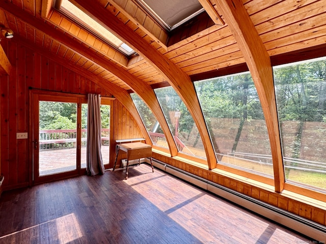 83 Shingle Mill Rd, Harwinton, CT 06791 - unfurnished sunroom with a skylight, a baseboard radiator, vaulted ceiling, and healthy amount of natural light