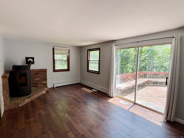 83 Shingle Mill Rd, Harwinton, CT 06791 - unfurnished living room with dark wood-style floors and a wood stove