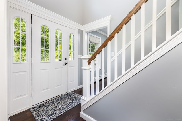 25 Cotton Bridge Rd, Killingly, CT 06241 - foyer entrance featuring stairway, dark wood-type flooring, and crown molding
