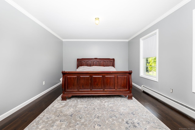 25 Cotton Bridge Rd, Killingly, CT 06241 - bedroom with a baseboard radiator, ornamental molding, dark wood-style flooring, and baseboards