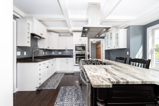 25 Cotton Bridge Rd, Killingly, CT 06241 - kitchen featuring a sink, appliances with stainless steel finishes, open shelves, beamed ceiling, and coffered ceiling
