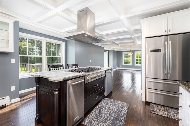 25 Cotton Bridge Rd, Killingly, CT 06241 - kitchen with stainless steel appliances, island range hood, baseboards, white cabinetry, and dark wood finished floors