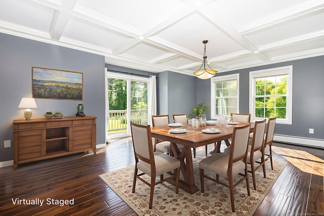 25 Cotton Bridge Rd, Killingly, CT 06241 - dining area with a baseboard heating unit, coffered ceiling, dark wood-type flooring, baseboards, and beamed ceiling
