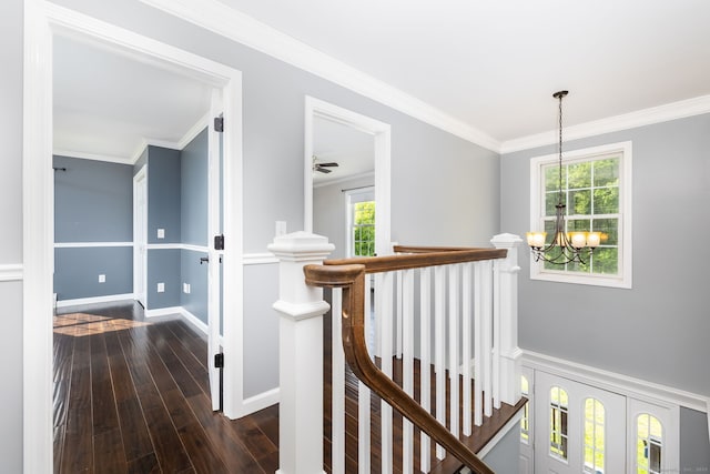 25 Cotton Bridge Rd, Killingly, CT 06241 - hallway with an upstairs landing, a chandelier, hardwood / wood-style flooring, crown molding, and baseboards