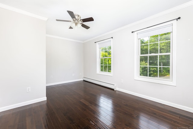 25 Cotton Bridge Rd, Killingly, CT 06241 - empty room with a baseboard radiator, ceiling fan, baseboards, dark wood finished floors, and ornamental molding