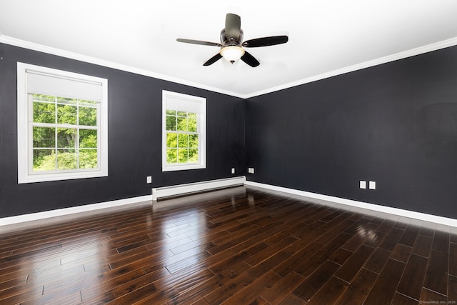 25 Cotton Bridge Rd, Killingly, CT 06241 - empty room with a baseboard heating unit, a ceiling fan, baseboards, wood finished floors, and ornamental molding