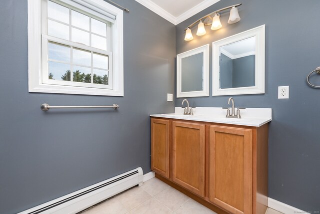 25 Cotton Bridge Rd, Killingly, CT 06241 - full bath with a baseboard heating unit, baseboards, double vanity, ornamental molding, and tile patterned flooring