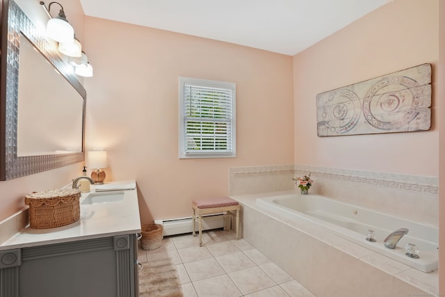 227 Meadow St, Shelton, CT 06484 - full bath featuring a baseboard heating unit, vanity, a garden tub, and tile patterned flooring
