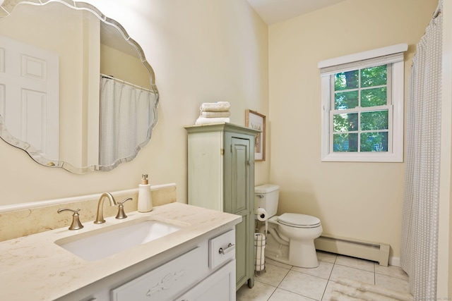 227 Meadow St, Shelton, CT 06484 - full bath with a baseboard heating unit, tile patterned flooring, vanity, toilet, and a shower with shower curtain
