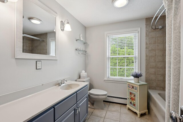 1 Spinnaker Rd, Waterford, CT 06385 - full bathroom with a baseboard heating unit, vanity, tile patterned floors, toilet, and shower / bath combo