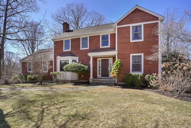 235 Lonetown Rd, Redding, CT 06896 - view of front facade with a chimney, a front lawn, and roof with shingles
