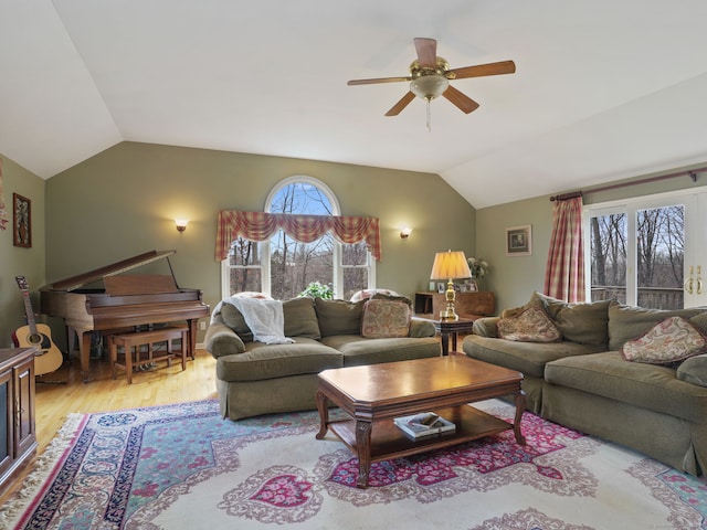 235 Lonetown Rd, Redding, CT 06896 - living room featuring lofted ceiling, ceiling fan, and wood finished floors
