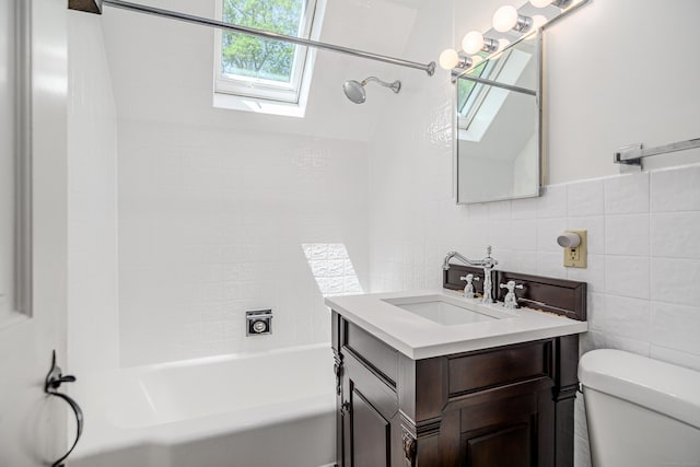 77 Crest Rd, Middlebury, CT 06762 - bathroom with a skylight, toilet, vanity, shower / tub combination, and tile walls