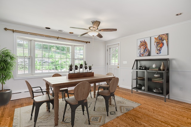 77 Crest Rd, Middlebury, CT 06762 - dining space with a ceiling fan, crown molding, wood finished floors, a baseboard radiator, and baseboards
