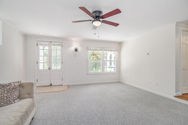 77 Crest Rd, Middlebury, CT 06762 - living area featuring crown molding, light colored carpet, baseboards, ceiling fan, and recessed lighting