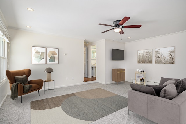 77 Crest Rd, Middlebury, CT 06762 - carpeted living area featuring crown molding, ceiling fan, baseboards, recessed lighting, and healthy amount of natural light
