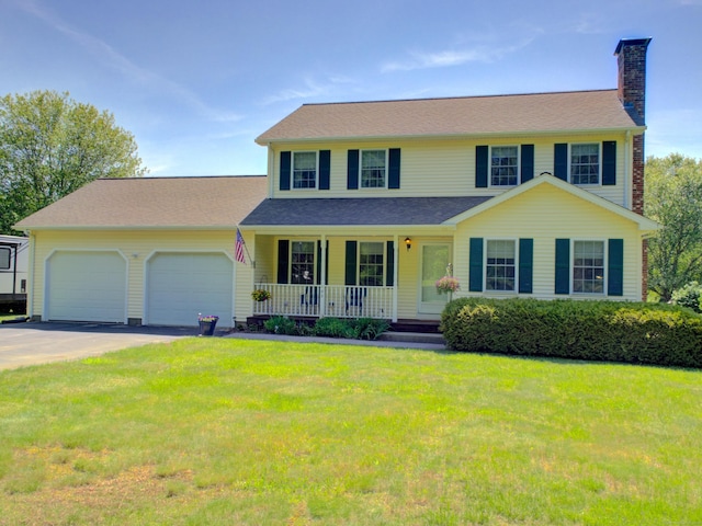 193 Pickett Rd, Plainfield, CT 06374 - view of front of house with a porch, a chimney, a garage, asphalt driveway, and a front yard