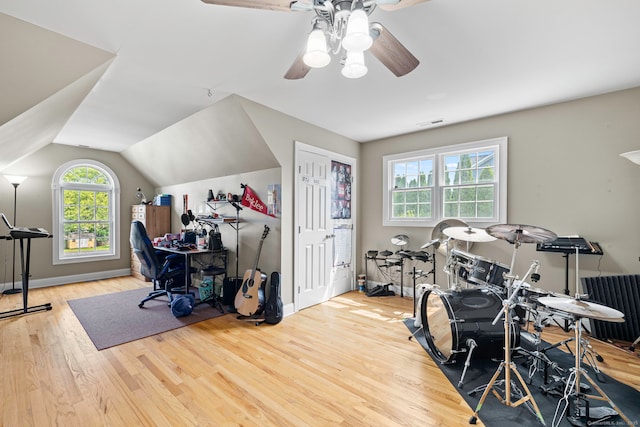 55 Perry Ln, Stratford, CT 06614 - workout area with wood finished floors, ceiling fan, and vaulted ceiling