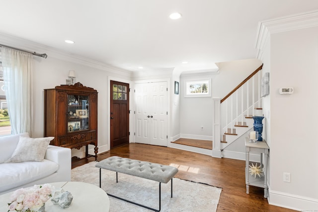 334 W Ave, Darien, CT 06820 - living room with stairs, wood finished floors, recessed lighting, baseboards, and ornamental molding