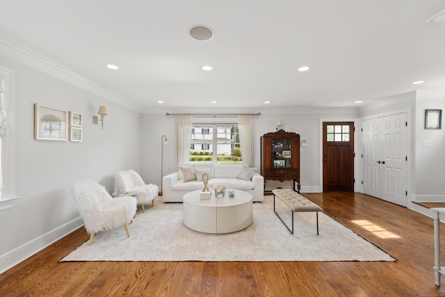 334 W Ave, Darien, CT 06820 - living room featuring wood finished floors, baseboards, ornamental molding, and recessed lighting