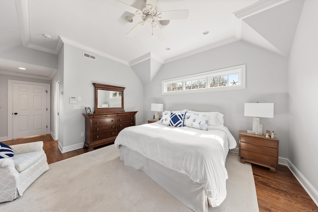 334 W Ave, Darien, CT 06820 - bedroom featuring vaulted ceiling, wood finished floors, baseboards, ornamental molding, and a ceiling fan