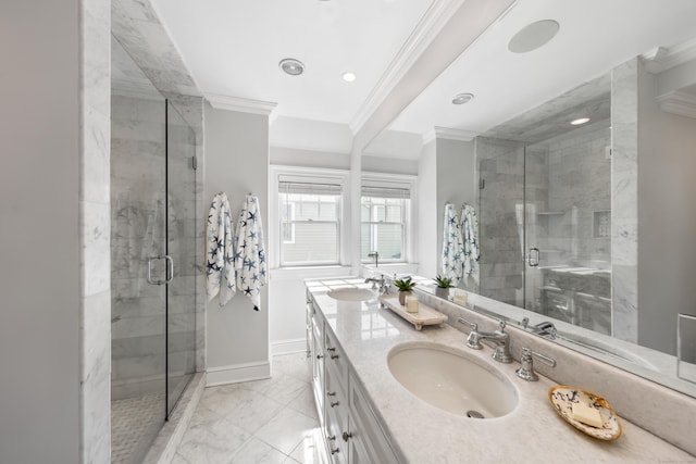 334 W Ave, Darien, CT 06820 - full bath with ornamental molding, baseboards, double vanity, a shower stall, and marble finish flooring